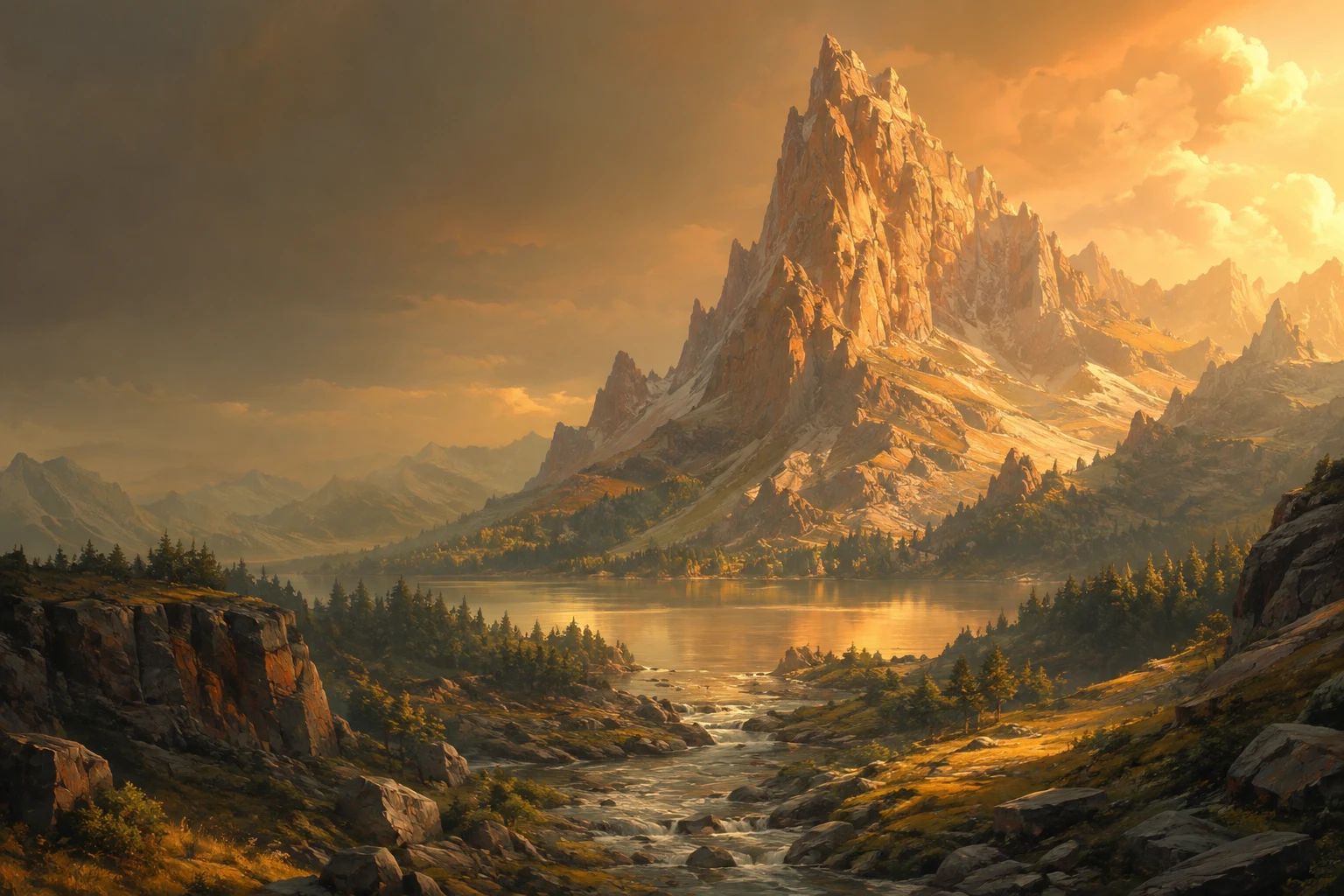 Golden sunlight illuminates a towering mountain above a tranquil lake.