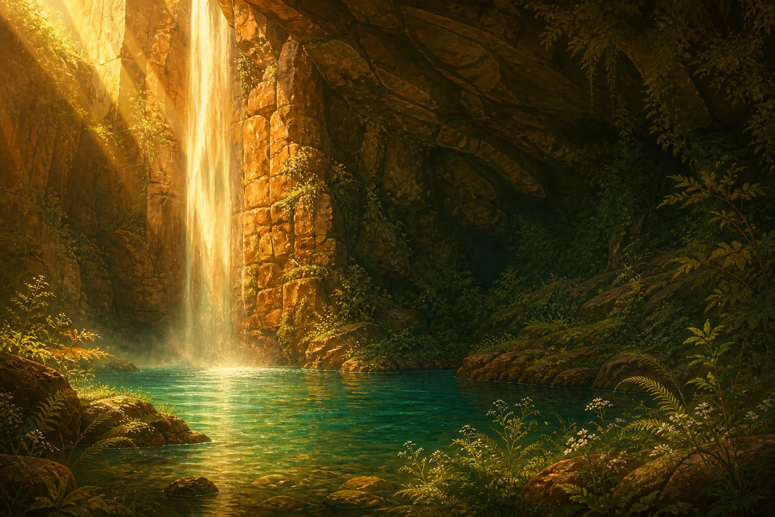 A luminous waterfall pours between golden cliffs into a secluded green pool.